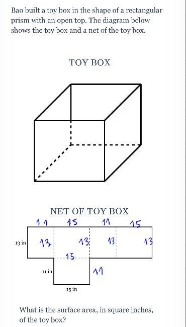 Bao built a toy box in the shape of a rectangular prism with an open top. The diagram-example-1