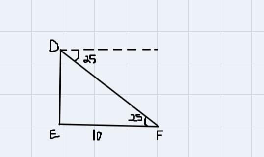 The angle of depression from d measures 25 if EF= 10 find De.-example-1