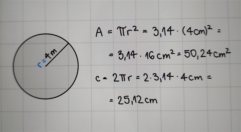 Find the area and the circumference of a circle with radius 4m. Use the value 3.14 for-example-1