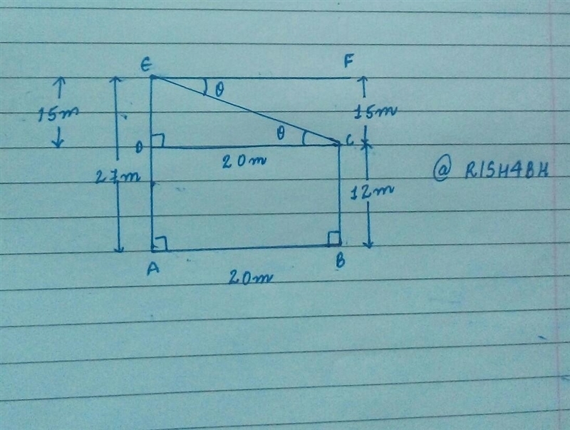 A park has 2 flagpoles 20m apart. One pole is 12m high and the other is 27m high. Calculate-example-1