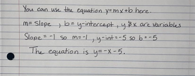 What is the equation of a line with a slope of -1 and a y-intercept of -5?-example-1