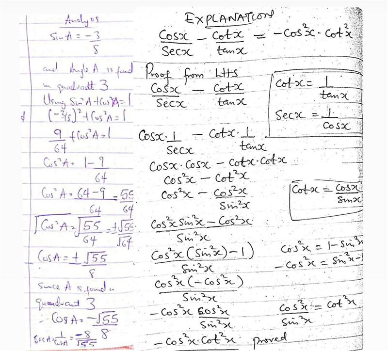 The angle A is found in quadrant 3, such that = − . Determine the exact value of sec-example-1