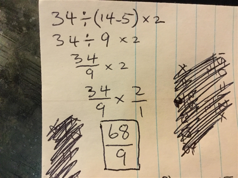 Evaluate the expression 34 ÷ (14 − 5) × 2. (4 points)-example-1