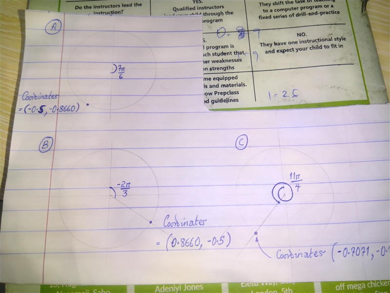 For each following angle sketch the angle on the unit circle and give the coordinates-example-1