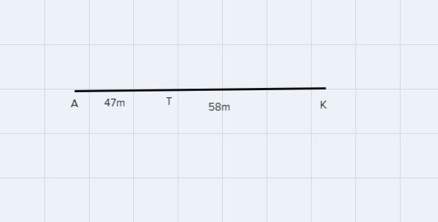 EXAMPLE: Point T lies on segment AK. IfAT is 47 meters long & TK is 58 meters-example-1