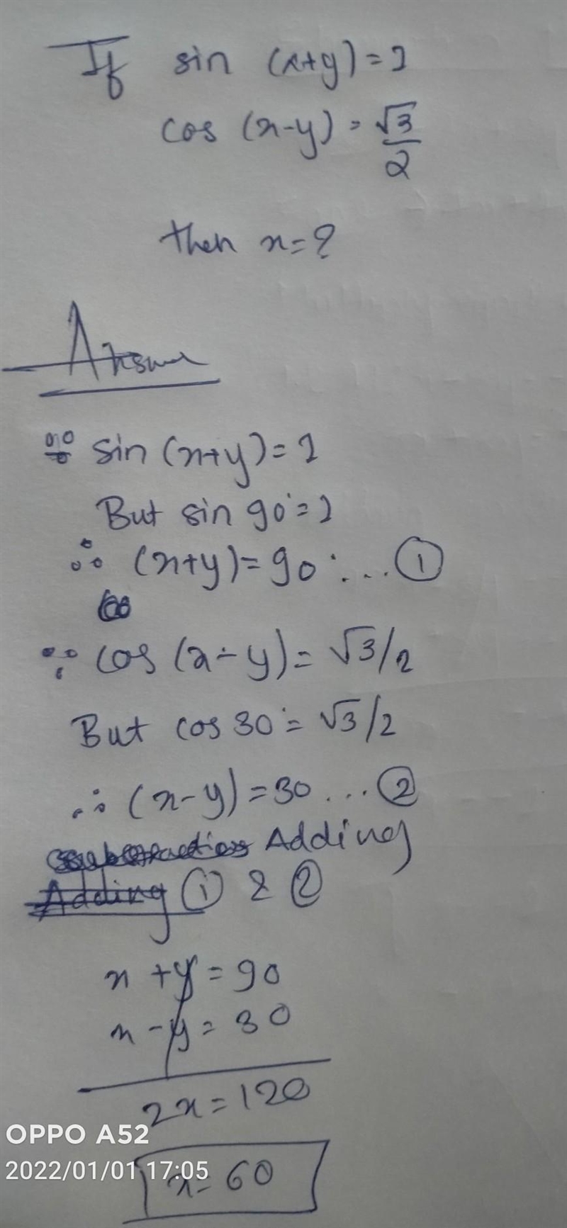 If sin (x + y) = 1 and cos (x - y) = √3/2, then x =​-example-1