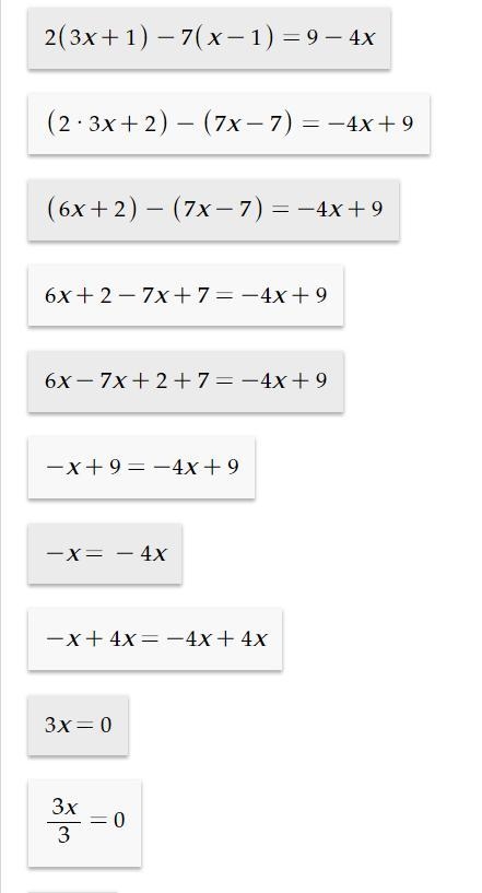 Solve 2(3x+1)-7(x-1)=9-4x​-example-1