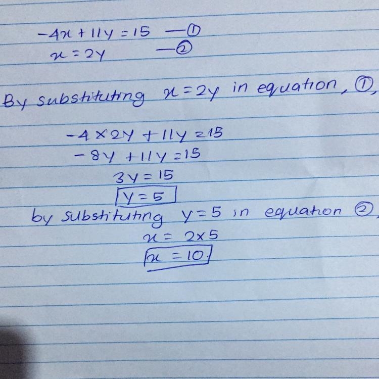 Solve the system of equations. −4x+11y=15 x=2y ​-example-1