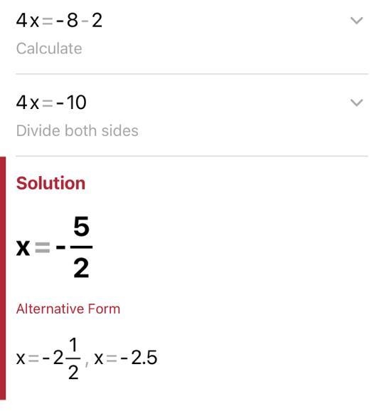 Solve For x \tt \red{4x + 2 = -8} Thank uh ~​-example-1