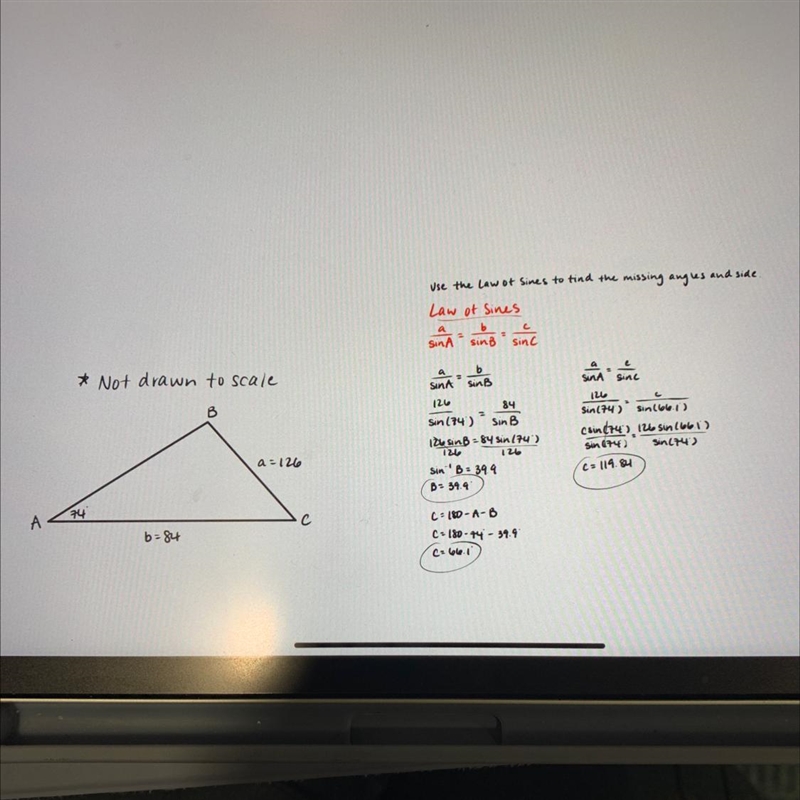 Solve ABC given A= 74 , a= 126, b=84-example-1