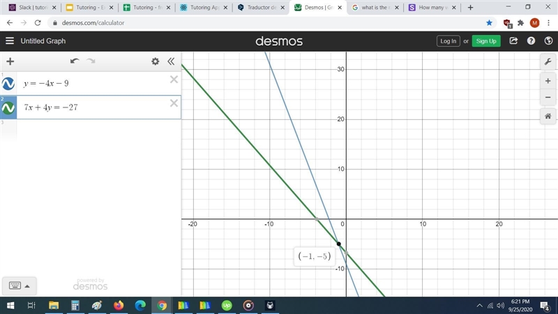 Y=-4x-9. 7x+4y=-27. Solve each system of equations by graphing. Clearly identify your-example-1