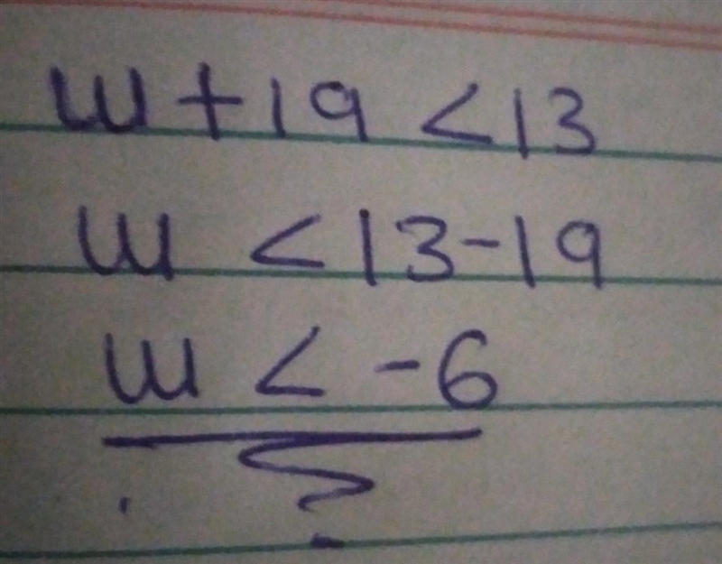 Solve the inequality for w. W + 19< 13 Simplify your answer as much as possible-example-1