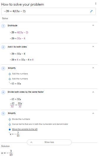 How do you solve -20 = 4(13x - 2)-example-1