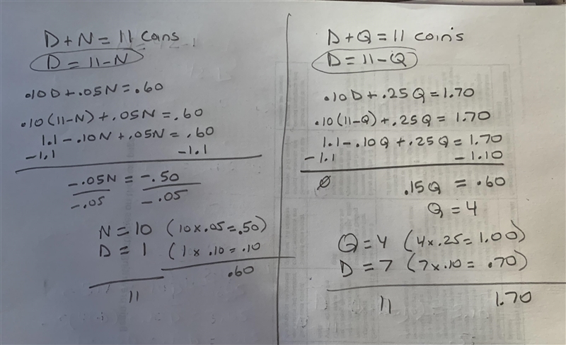 Solve: Eleven coins (dimes and nickels) are worth 60 cents. How many dimes are there-example-1