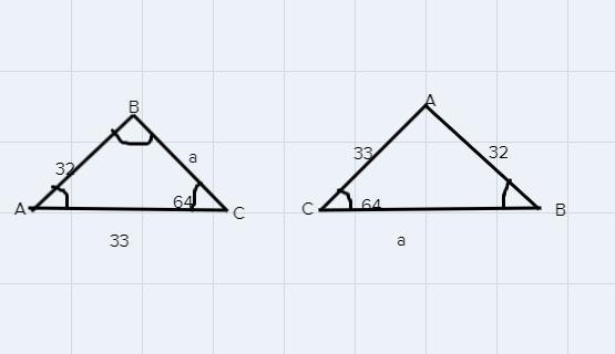 QuestionIn ABC, C = 64°, c = 32, and b = 33. What are the two possible values for-example-1