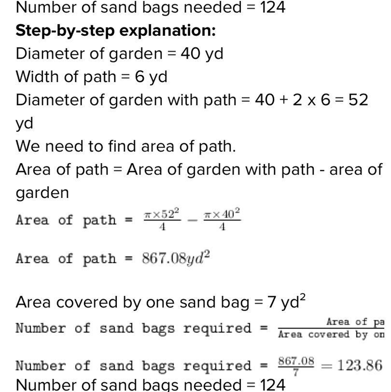 A flower garden is shaped like a circle. Its diameter is 40yd. A ring-shaped path-example-1