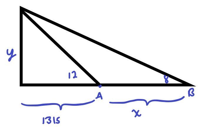 A boat heading out to sea starts out at Point A, at a horizontal distance of 1315 feet-example-2