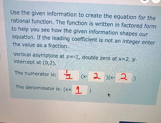 Use the given information to create the equation for the rational function. The function-example-1