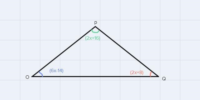 In AOPQ, mZO = (6x – 14)°, mZP = (2x + 16)°, and mZQ = (2x + 8)°. Find mZQ.-example-1