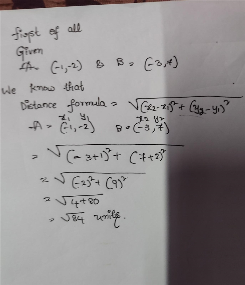 Find the distance between the pair of points. (-1, -2) and (-3, 7)-example-1