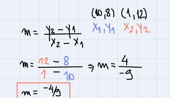 Find the slope of the line that passes through (10,8) and (1,12)-example-1