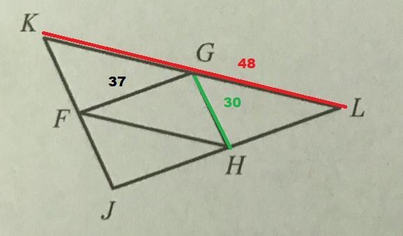 3.If F, G, and H are the midpoints of the sidesof AJKL, FG = 37, KL = 48, and GH = 30,find-example-1