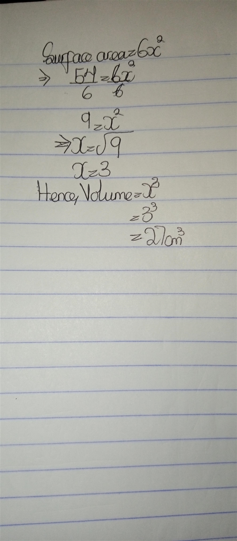 A cube has a surface area of 54 square centimeters. What is the volume of the cube-example-1