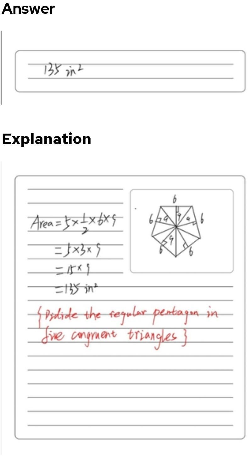 Find the area of a regular polygon with 5 sides that has a side length of 6 inches-example-1