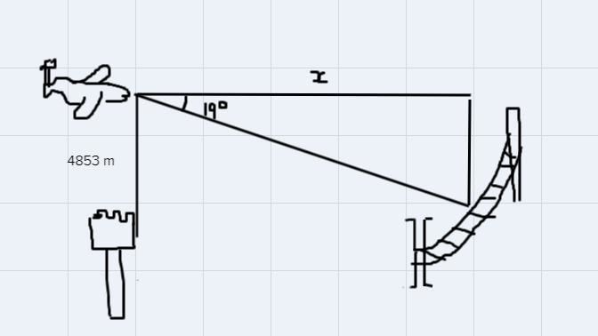 When an airplane is 4853 m above a radio tower,the angle of depression to a bridge-example-1