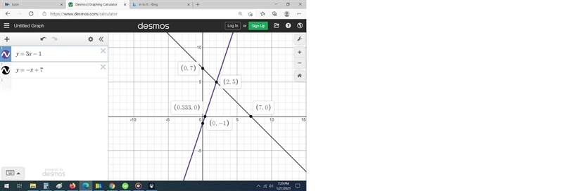 Solve the system of equations by graphing y= -x ×7 and y= 3x-1 how do I plot it on-example-1