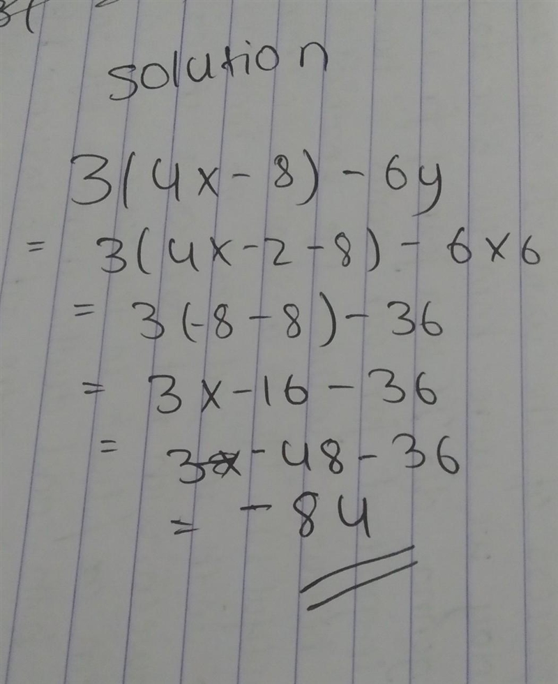 What is the value of 3(4x − 8) − 6y if x = −2 and y = 6? −132 −84 12 18-example-1