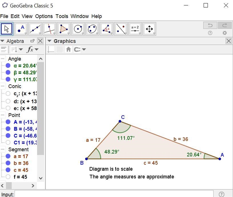 PLEASE HELP!!!! A triangle has sides of lengths a=17, b=36, c=45 km. Find the measures-example-1