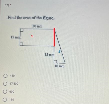 Find the area of the figure.30 mm15 mm15 mm10 mmO 450O 67,500600150-example-1