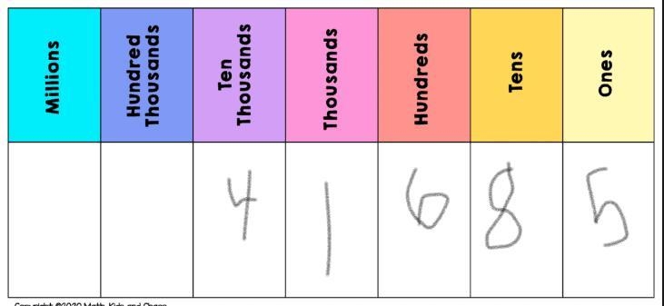 Represent the number 41,685 on the place value chart below.-example-1