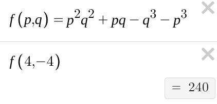 Find the value of the expression: a p^2q^2+pq–q^3–p^3 for p=4 and q=−4-example-1