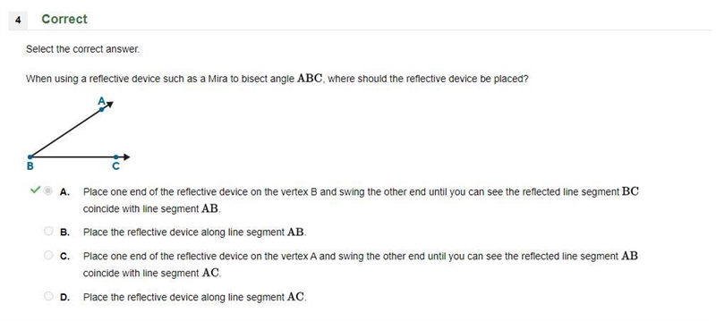 When using a reflective device such as a Mira to bisect angle ABC where should the-example-1