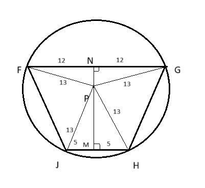 Trapezoid FGHJ is inscribed in P as shown. If FG = 24, JH = 10, and the diameter of-example-1