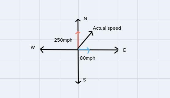 A small plane flies northward at 250 mph while being pushed eastward by winds blowing-example-1