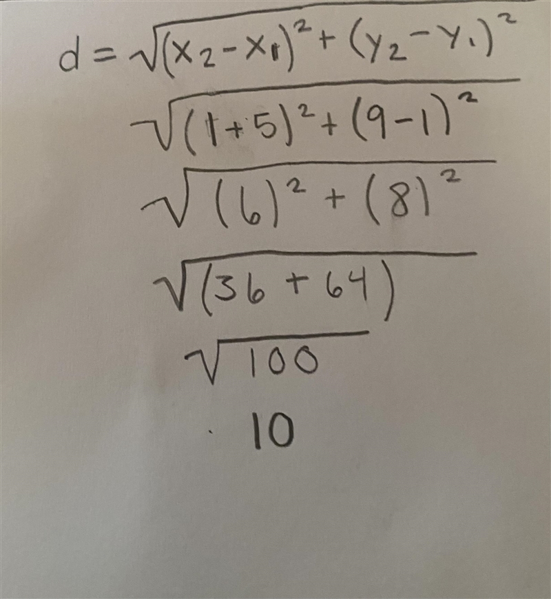 Find the distance between the points ( – 5,1) and (1,9)-example-1