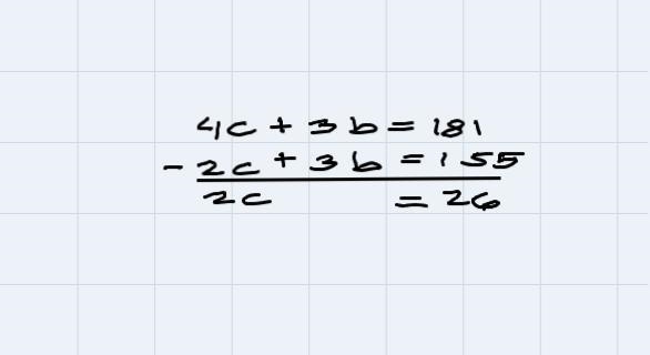 Write a system of equations to describe the situation below, solve using elimination-example-1