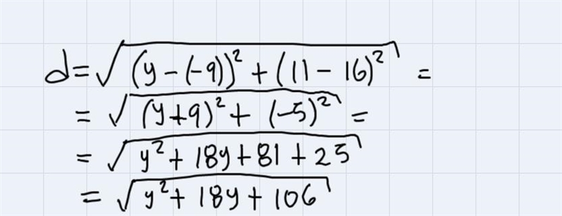 The distance between between (16,-9) and (11, ?) is 13. What two numbers could gointo-example-1