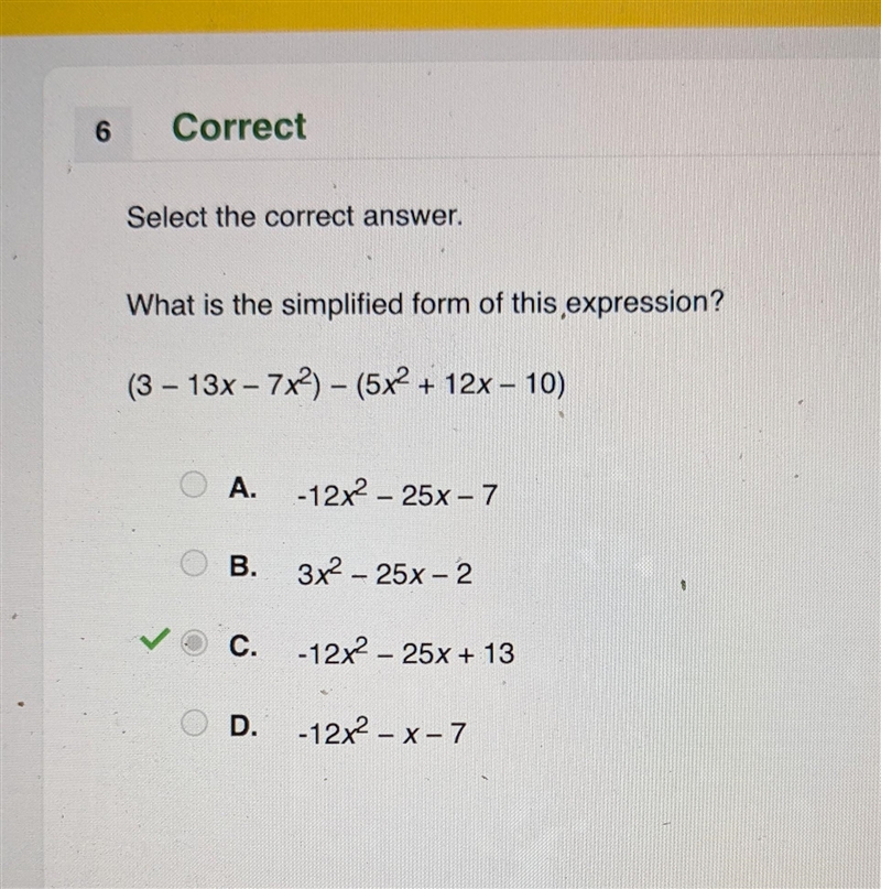 12Select the correct answer.What is the simplified form of this expression?(3 - 13x-example-1