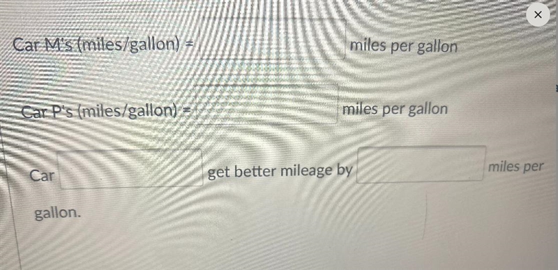 How can I find the Miles per gallon for Car M and Car P? How can find which has the-example-1