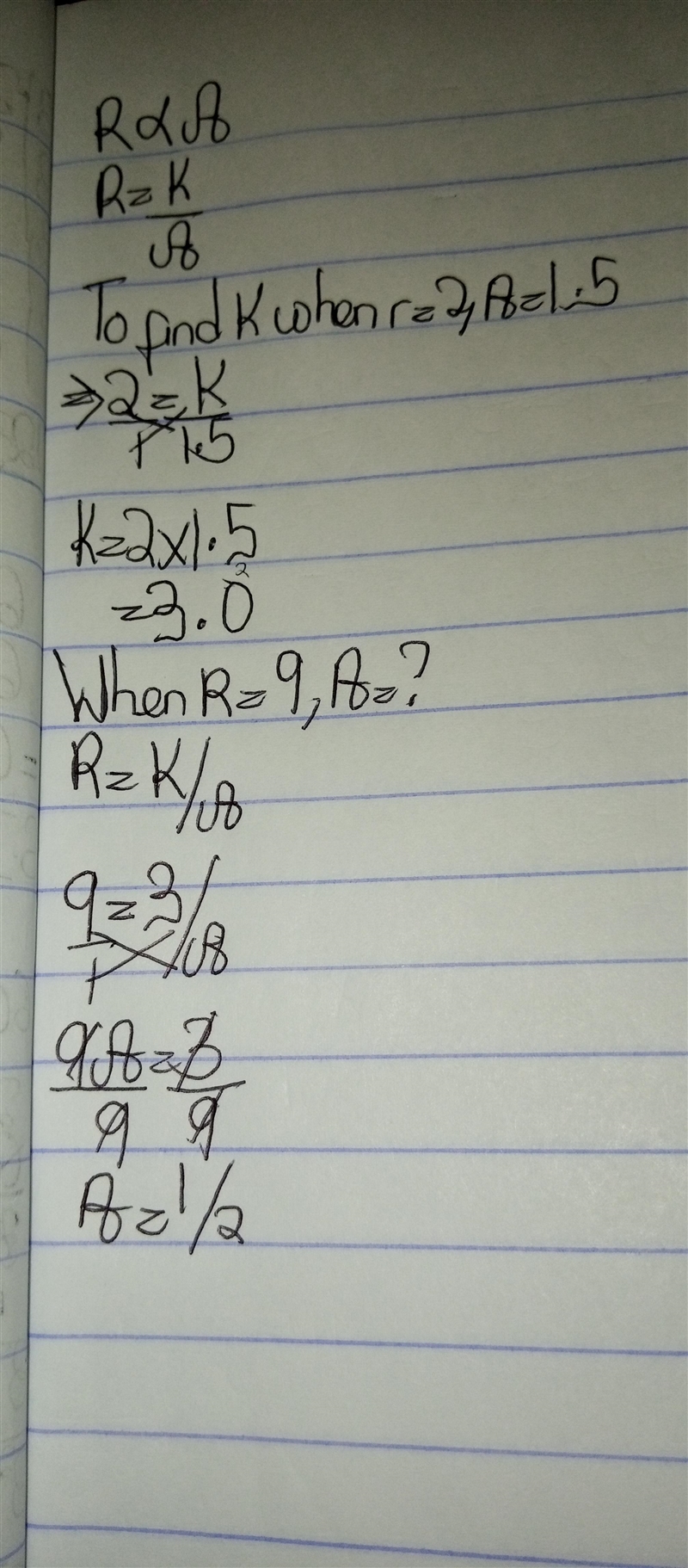 R is inversely proportional to A R = 2 when A =1.5 b) work out the value of A when-example-1