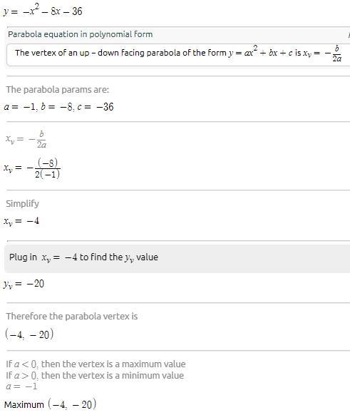 Determine the vertex and the axis of symmetry based on the equation, y =-12 -8x - 36-example-1