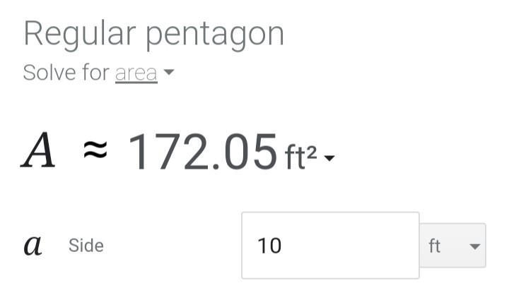 What is the area of a regular pentagon with side length 10 feet?-example-1