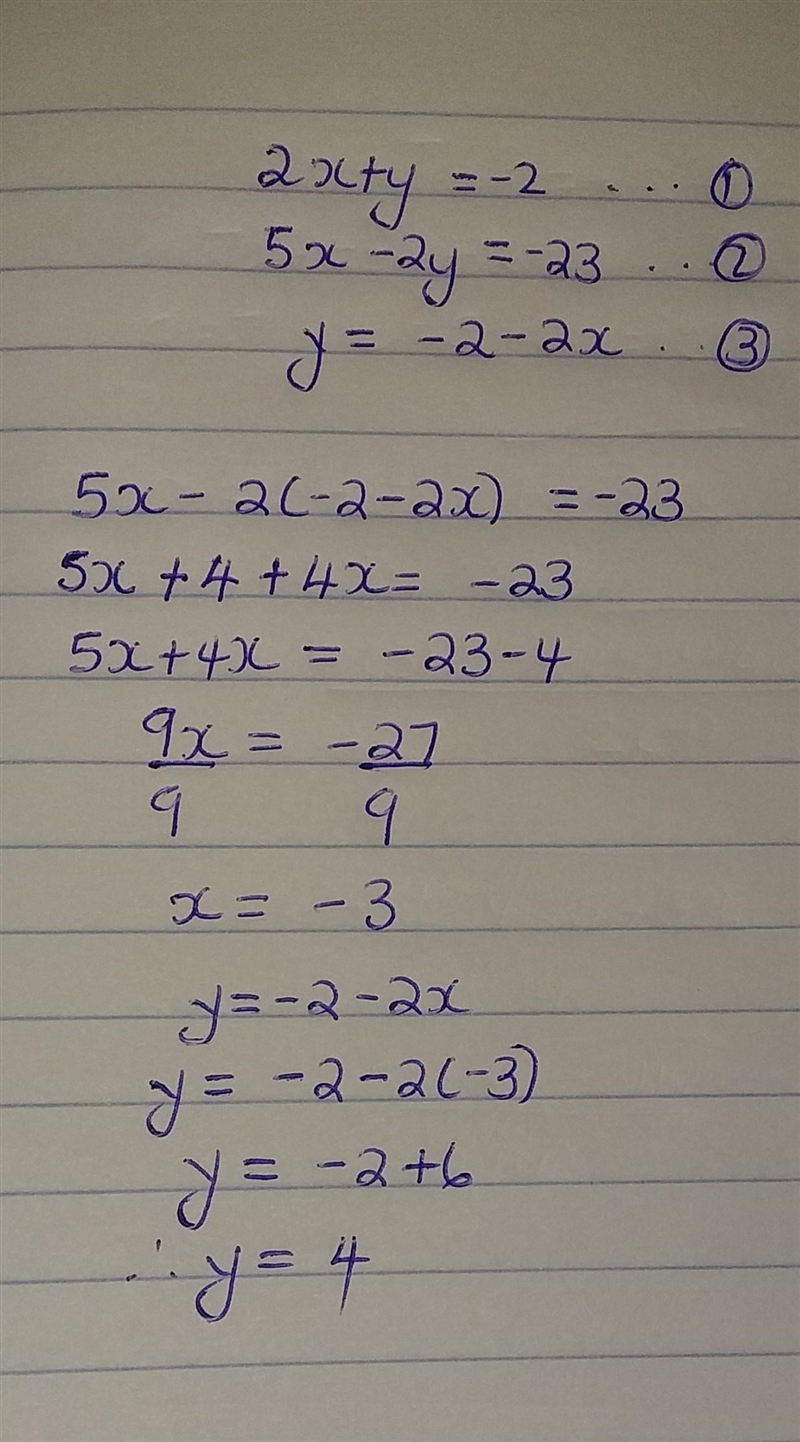 Solve by substitution method 2x+y=-2 5x-2y=-23-example-1