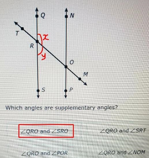 NP and QS are parallel lines. which angles are supplementary angles?-example-1