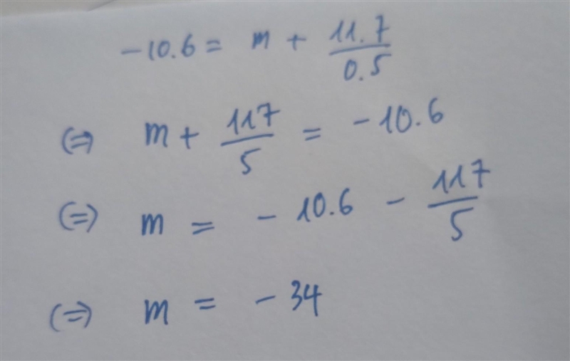 -10.6=m+11.7/0.5 what is m-example-1