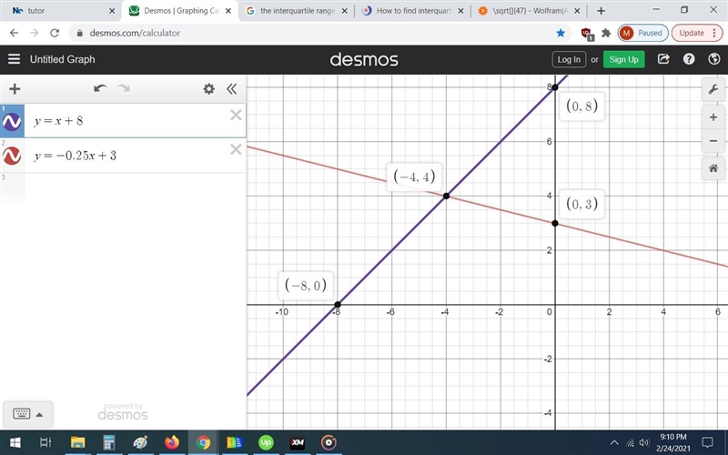 Solve the following system of equations graphicallyy=x+8y= -¼ x + 3-example-1